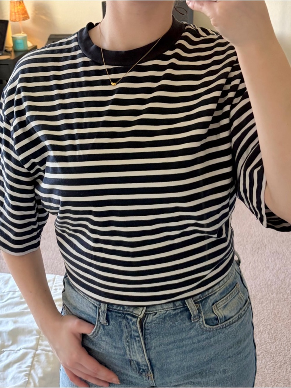 Zara Navy Blue and White Horizontal Striped T-Shirt
